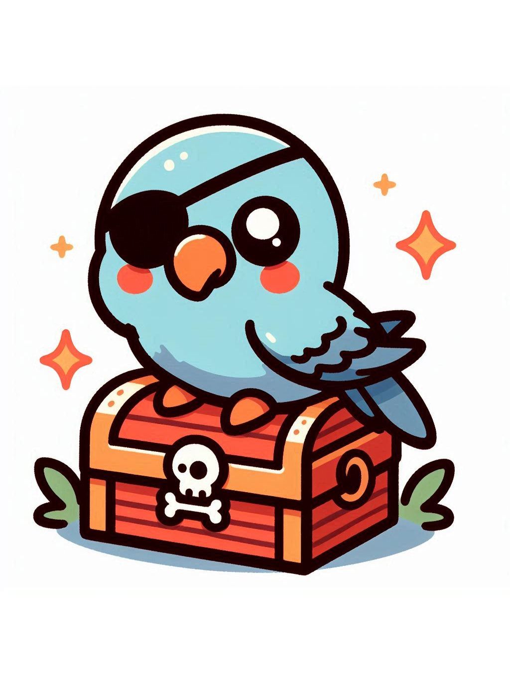 halloween cute animals drawings of a pirate-themed parrot sitting atop a treasure chest, exuding a festive and adventurous spirit.